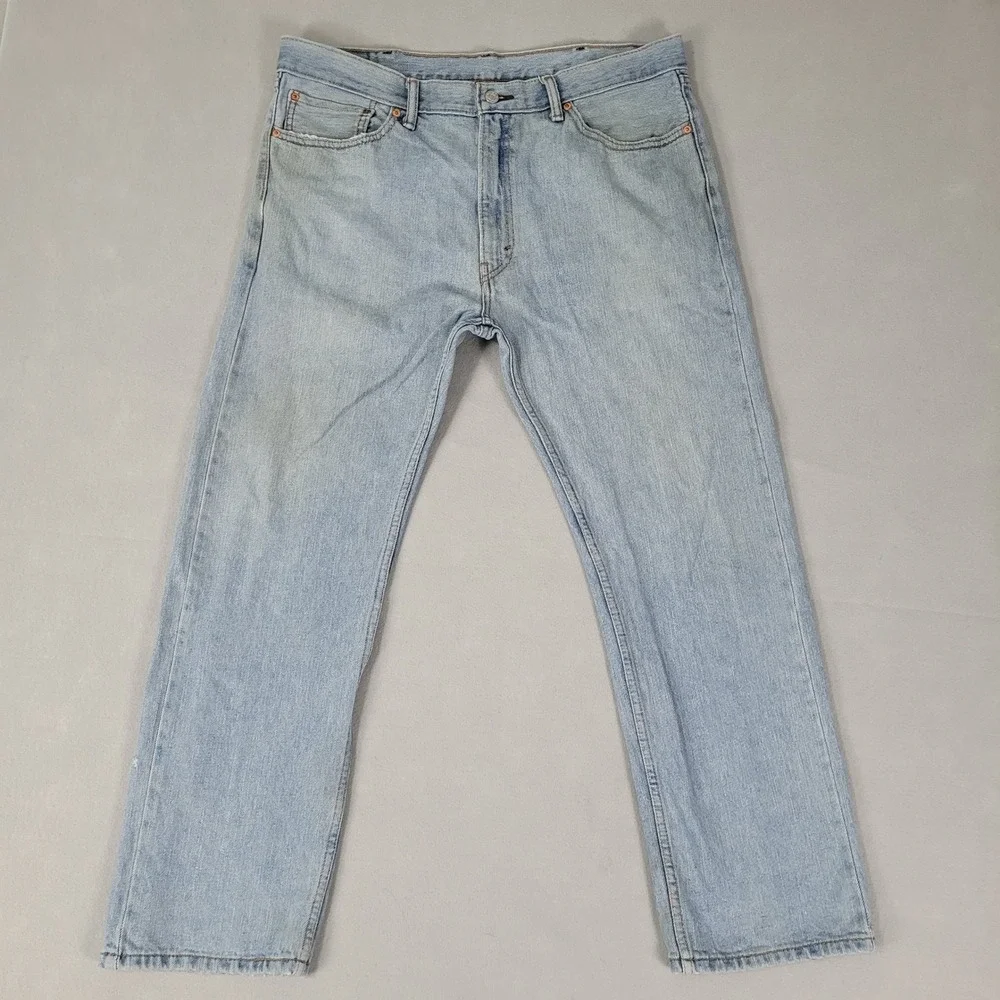 Levi 505 Jeans Mens Size 38x30 Blue Light Wash Straight Leg Distressed Stains